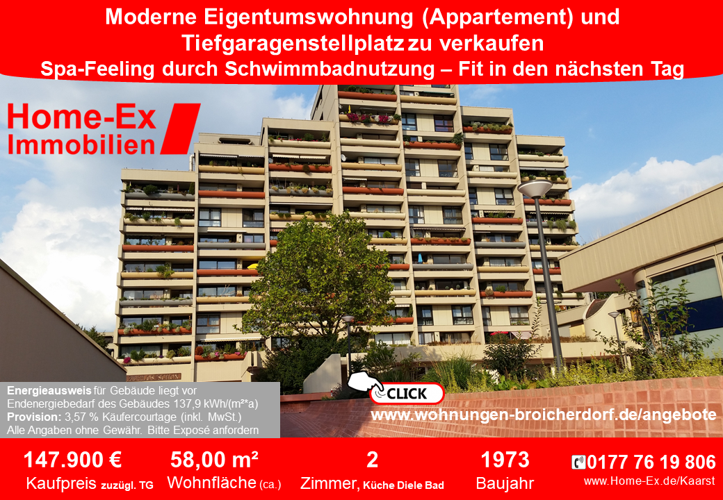 Eigentumswohnung zu verkaufen im Wohnpark Broicherdorf Kaarst ca. 58m2, 2 Zimmer, Küche, Diele, Bad sowie Tiefgaragenstellplatz - Bezug ab 1.1.2020 - Kaufpreis 147.900 € plus Tiefgaragenstellplatz 7.500 €zuzüglich 3,57 % Käufercourtage inkl. MwSt., Energieausweis vorhanden.